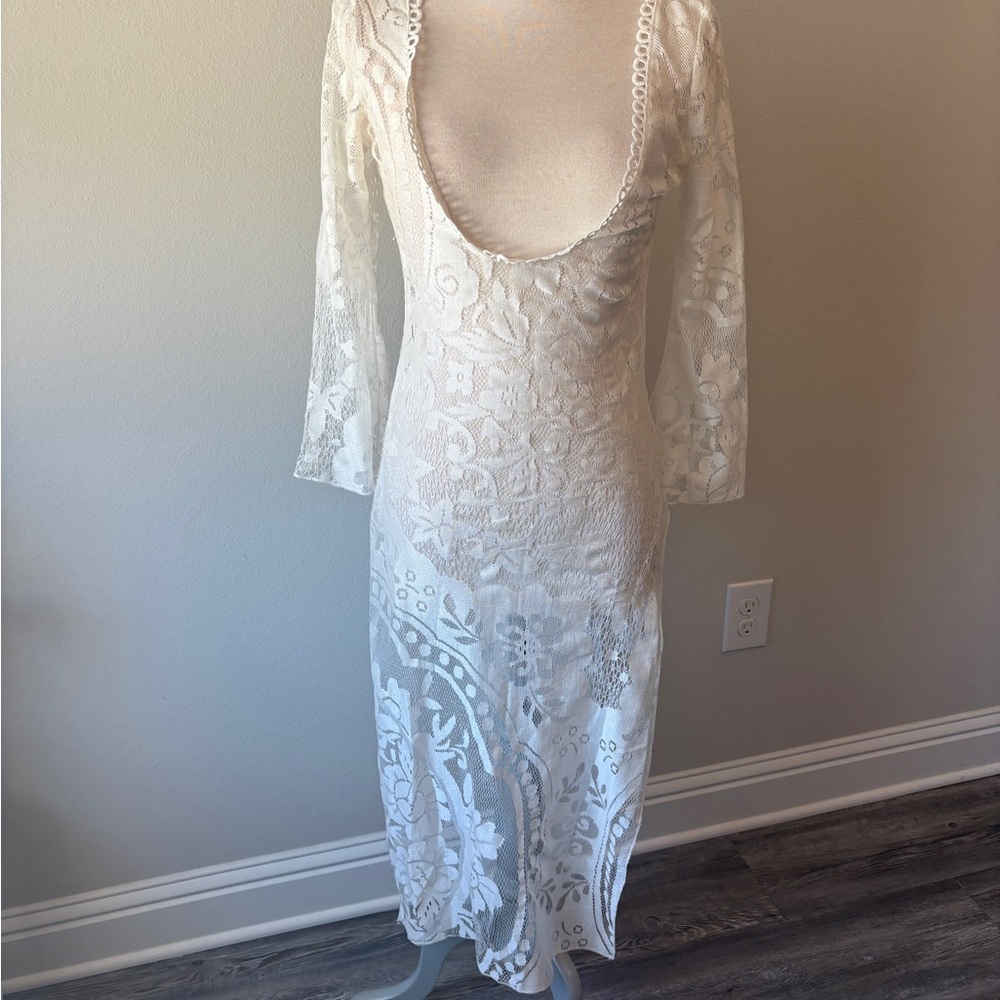 White Lace Midi Dress | Bell Sleeves | Deep V Neck | Boho Romantic - Picture 2 of 11